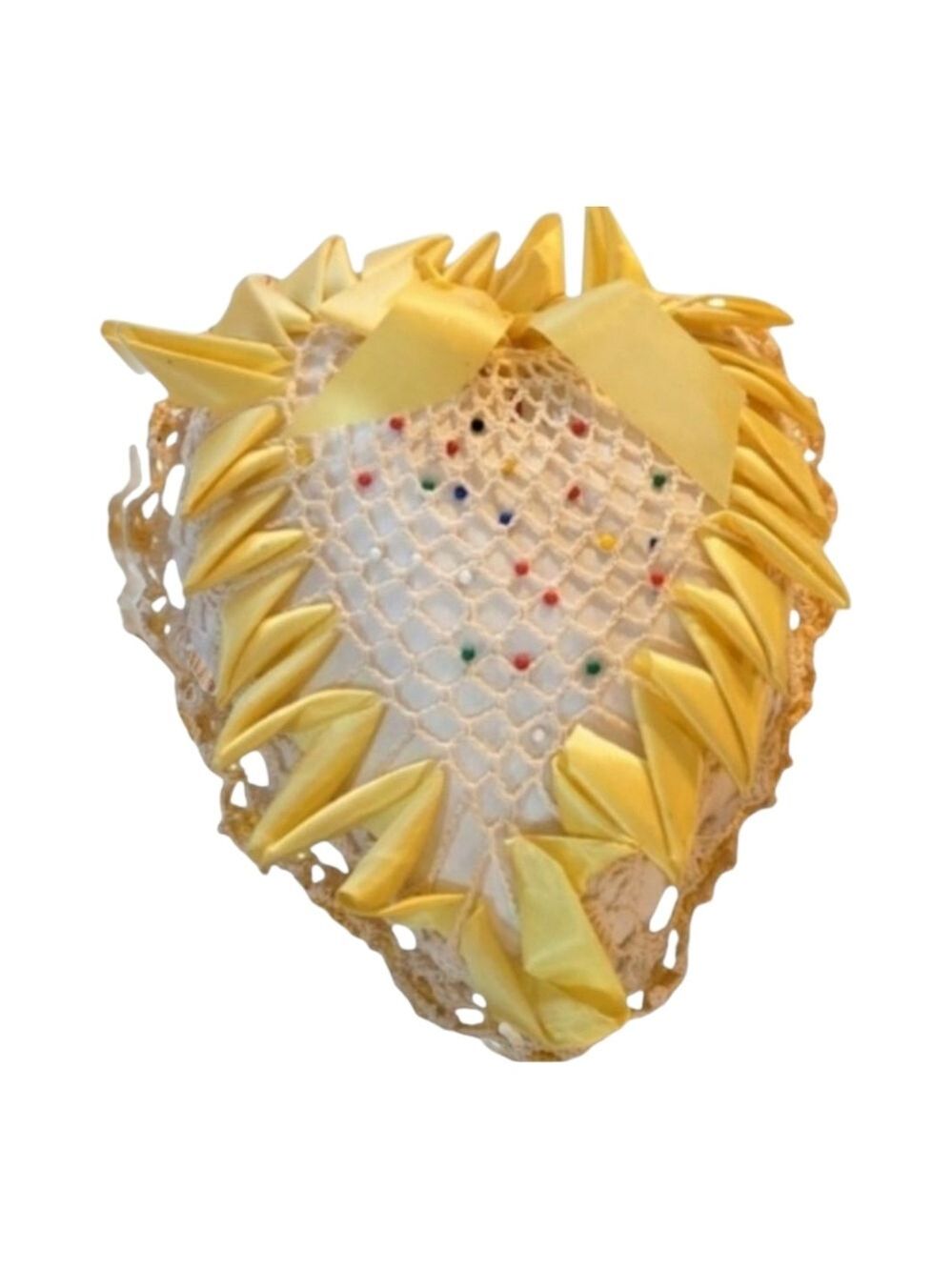 Vintage Crocheted Heart Pin Cushion Yellow Ribbon Edge Sewing Sewers Gift